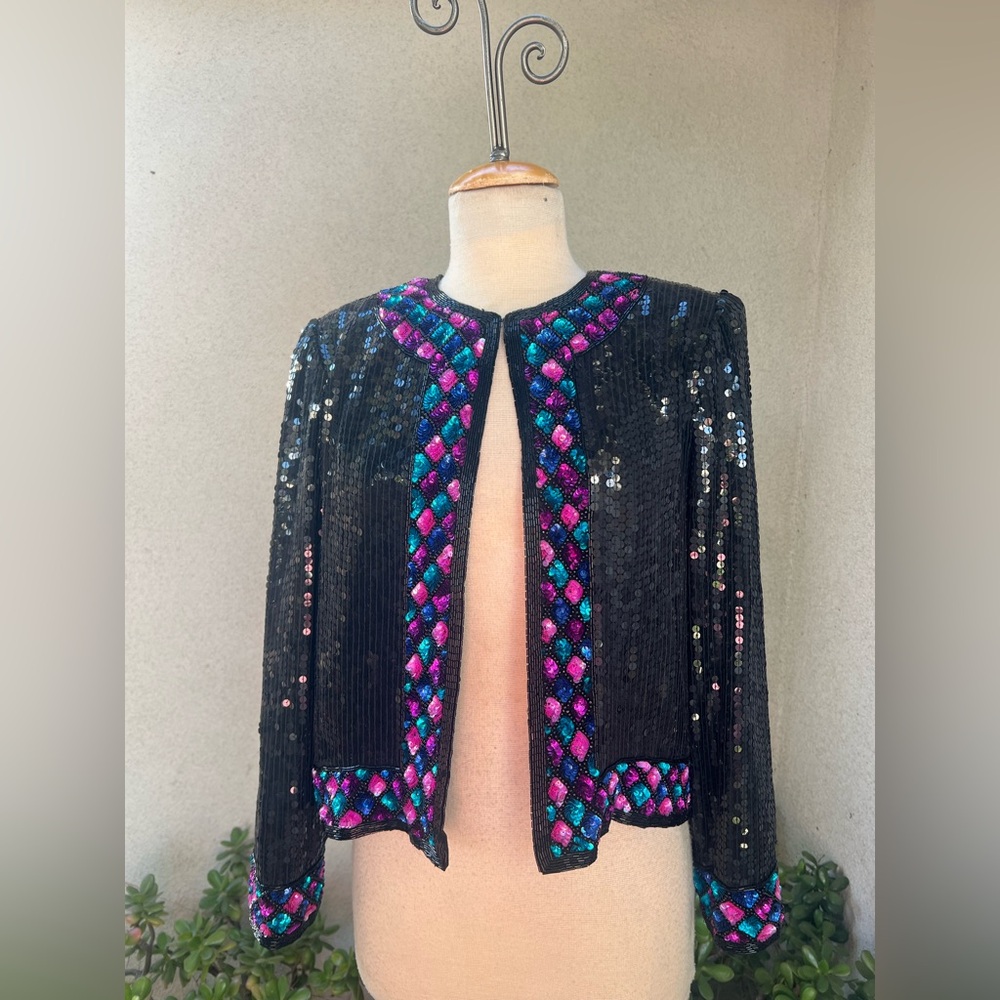 Vintage 80s glam short jacket black sequins colorful trim sz M by NiteLine